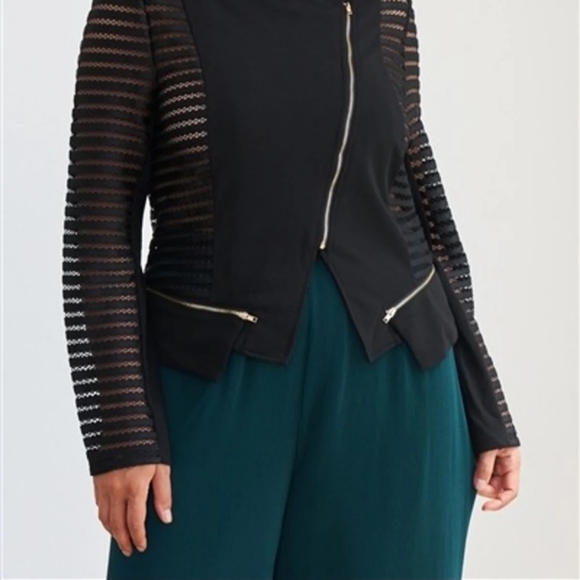 Plus Size 2X Black Mesh Stripped Long Sl - Picture 3 of 7